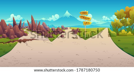 Choice of way between hard, medium and easy. Landscape with road fork sign pointing on curvy path with crack, rocks and straight simple road. Problem of choosing direction, Cartoon vector illustration
