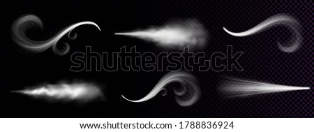 Wind blowing or dust spray, ornate white smoke, powder or water drops trail. Flow mist, smoky stream, steaming chemical or cosmetics product vapour, haze. Realistic 3d vector isolated clip art set