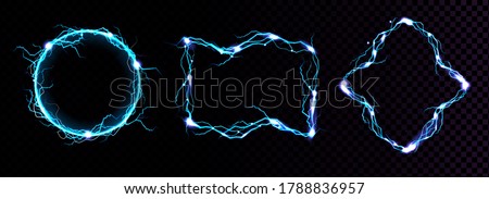Lightning frames, electric blue thunderbolt borders, magic portals, energy strike. Powerful electrical discharge dazzle isolated on black and transparent background. Realistic 3d vector illustration Foto d'archivio © 