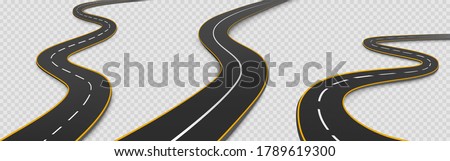 Road, winding highway isolated on transparent background. Journey two lane curve asphalt pathway going into the distance. Route direction and navigation signs for map, Realistic 3d vector icons set