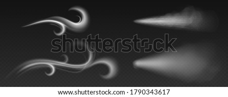 Wind blowing or dust spray, ornate white smoke, powder or water drops trail. Flow mist, smoky stream, steaming chemical or cosmetics product vapour, haze. Realistic 3d vector isolated clip art set
