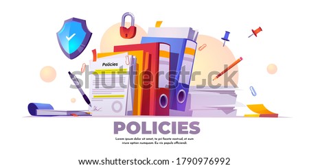 Policies banner. Concept of business documents for law compliance, legal regulation quality and procedures. Vector landing page of guideline, rules and agreement with cartoon paperwork illustration