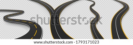 Road, winding and fork highway isolated on transparent background. Journey two lane curve asphalt pathway going into the distance. Route direction and navigation signs for map, Realistic 3d vector set
