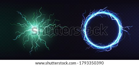Electric ball, round lightning frame, blue thunderbolt circle border, magic portal, energy strike. Green plasma sphere, powerful electrical isolated discharge dazzle, Realistic 3d vector illustration