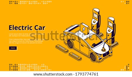 Electric car banner. Modern vehicle on charger station with plug in cable. Landing page of automobile with energy battery with isometric illustration of charging suv car