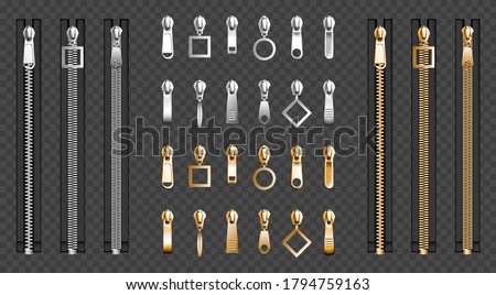 Metal zip fasteners, silver golden zippers with differently shaped puller and closed black fabric tape, clothing hardware isolated on transparent background, Realistic 3d vector illustration, set Сток-фото © 
