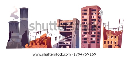 Destroyed city buildings, war destruction, abandoned town, natural disaster or cataclysm consequences. Post-apocalyptic world ruins with broken houses and plant pipes isolated cartoon vector set