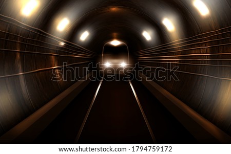 Subway train with glowing headlights in old rusty metro tunnel front view, locomotive on rails. Modern underground commuter transport, railway passenger vehicle, Realistic 3d vector illustration