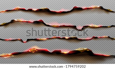 Burn paper borders, burnt page with smoldering fire on charred uneven edges, parchment sheets in flame. Burned, torn or ripped frame isolated on transparent background. Realistic 3d vector objects set 商業照片 © 