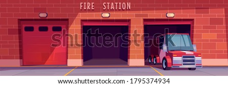 Fire station garage with red truck leaving box. Municipal city service, emergency department hangars front view, car in firehouse with close and open doors and brick wall, Cartoon vector illustration