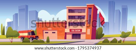 Fire truck driving to station building with garage box and red flag. Municipal city service, emergency department with hangar front view, car at firehouse with close doors Cartoon vector illustration