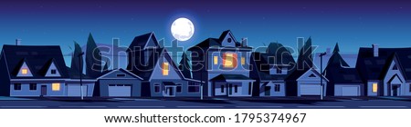 Street in suburb district with residential houses at night. Vector cartoon landscape with suburban cottages, moon and stars in dark sky. City neighborhood with real estate property