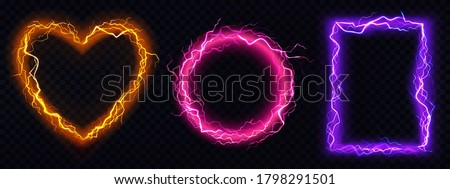 Electric lightning frames in shape of circle, heart and rectangle. Digital glowing neon borders. Vector realistic set of pink, red and purple sparking discharge isolated on transparent background