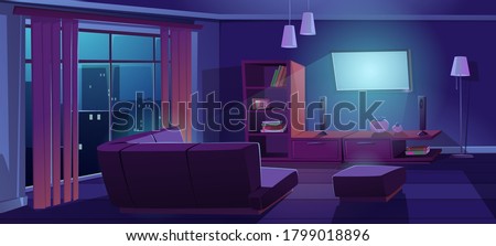 Living room interior with tv and sofa back view at night. Dark apartment with corner couch front of working television on wall, empty home design with furniture and decor, Cartoon vector illustration