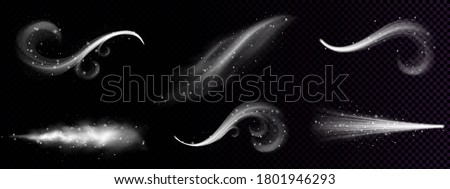 Cold wind with snow blow, winter weather icons with white smoke and flying snowflakes, freezing breath curve trails. Flow snowy smoky stream, icy vapour. Realistic 3d vector isolated clip art set