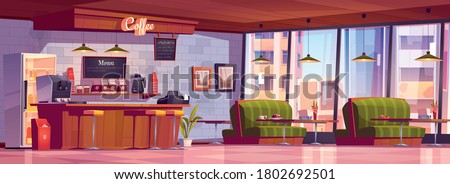 Cafe interior with coffee machine at cashier desk, refrigerator, chalkboard menu, tables with couches, bar and chairs. Empty cafeteria with furniture, restaurant court. Cartoon vector illustration