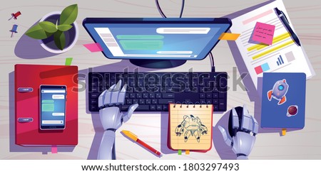 Workspace with robot working on computer keyboard top view. Concept of chat bot with ai. Vector cartoon futuristic illustration of wooden desk with computer screen, stationary, plant and robotic hands