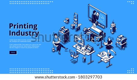 Printing industry banner. Typography business, polygraphy service. Vector landing page of print house with isometric illustration of press equipment, computer and working people