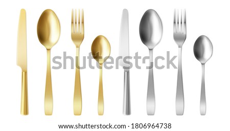 3d cutlery of golden and silver color fork, knife and spoon set. Silverware and gold utensil, catering luxury metal tableware top view. isolated on white background, Realistic vector illustration,