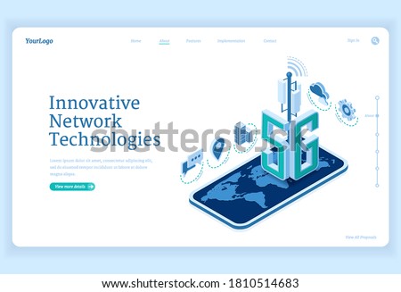 5g network technologies isometric landing page. Innovative wireless mobile telecommunication new generation cell service. Smartphone with world map, internet speed connection 3d vector web banner