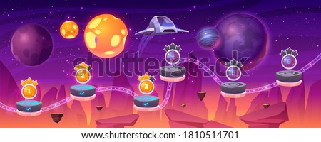 Space game level map with spaceship and alien planets, cartoon 2d gui landscape, computer or mobile arcade with platform and bonus items. Cosmos, universe futuristic background vector illustration