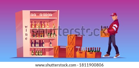 Loader carries box with bottles to store, shop storage or bar. Delivery alcoholic drinks. Vector cartoon illustration with man holding wooden crate with wine and glass bottles on stand