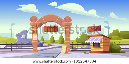Zoo entrance with wooden board on stone arch and cashier booth. Zoological garden for wild animals. Vector cartoon landscape with entry gates, metal fence, signboard and green bushes