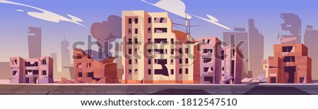 City destroy in war zone, abandoned buildings with smoke. Destruction, natural disaster or cataclysm consequences, post-apocalyptic world ruins with broken road and street cartoon vector illustration