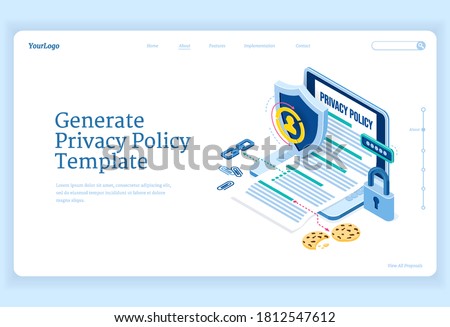 Privacy policy isometric landing page, data protection, digital security, personal confidential information online safety. Laptop with generated template, shield and lock 3d vector line art web banner