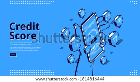 Credit score isometric landing page, hand holding smartphone with application meter. Bank consumer loan personal rating and risk control banking mobile service, 3d vector line art web banner template