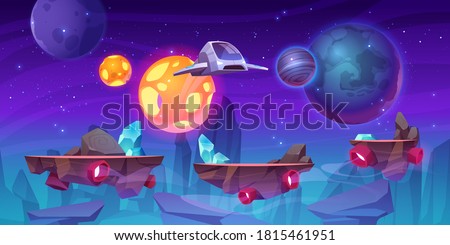 Space game level background with platforms. Vector cartoon illustration of universe with alien planets, stars and spaceship for gui interface of arcade, computer animation, mobile or console game