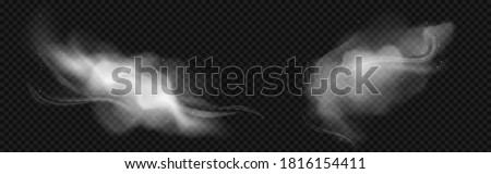 Cold wind effects with white smoke and flying snowflakes. Vector realistic set of frost blowing air, winter blizzard breeze. Flow of frozen fog clouds with snow isolated on transparent background