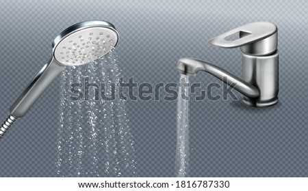 Metal shower head and tap with falling water isolated on transparent background. Vector realistic set of chrome sprinkler with hose and faucet with water spray. Equipment for douche and bath