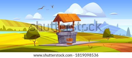 Old stone well with drinking water on green hill. Vector cartoon summer landscape with vintage well with wooden roof, pulley and bucket. Basin for water source or spring near farm or village