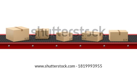 Conveyor belt with cardboard boxes at factory, plant or warehouse. Vector realistic illustration of automated machine in production line with product packages isolated on white background ストックフォト © 
