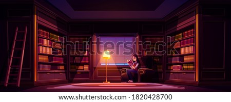 Girl reads book in old library at night. Vector cartoon illustration of luxury home library interior with reading woman in chair, wooden bookcases, ladder and lamp