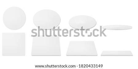 White beer coasters in top and different angles view. Vector realistic mockup of blank cardboard mat for mug or cup. Circle and square beermat, bierdeckel isolated on white background