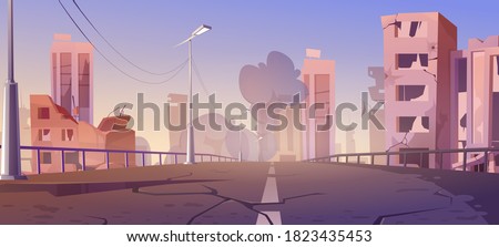 City destroy in war zone, abandoned buildings and bridge with smoke. Destruction, natural disaster or cataclysm, post-apocalyptic world ruins with broken road and street, cartoon vector illustration