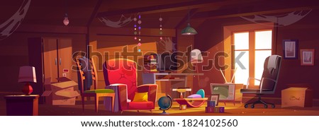 Abandoned attic room with old things, spider webs and dust. Neglected garret with window and furniture, carton boxes, computer, tv, table with books and lamps, kids toys. Cartoon vector illustration