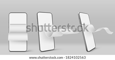 Mobile phone with paper financial bill in front and angle view. Concept of online payment, digital invoice and paycheck. Vector realistic mockup of smartphone with blank check tape