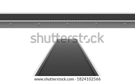 Conveyor belt at factory, plant or warehouse in front and perspective view. Vector realistic illustration of automated machine in mass production line isolated on white background