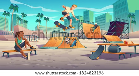 Teenagers in skate park, rollerdrome perform skateboard jumping stunts on quarter and half pipe ramps. Extreme sport, graffiti, youth urban culture and teen street activity Cartoon vector illustration