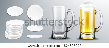 Empty and full of beer glass mug and white circle coasters in stack and top view. Vector realistic mockup of beer with foam in clear mug and blank cardboard mats