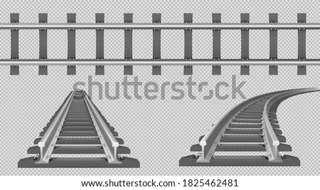 Train track, straight and turn railway in top and perspective view. Vector realistic set of tram line, road for locomotive and wagons with rails, fastening and concrete ties