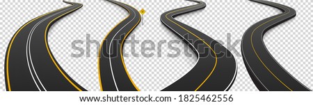 Winding roads, black asphalt highways with white and yellow marking. Vector realistic set of curved car ways or streets and dead end sign isolated on transparent background
