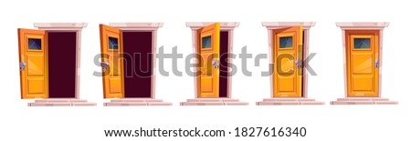 Cartoon door closing motion sequence animation. Open slightly ajar and close wooden doorways with stone stairs and darkness inside. Home facade design element, entrance. Vector illustration, icons set