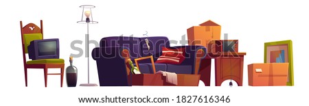 Old furniture, room stuff and alcohol bottles, broken sofa, wooden chair with antique switched-off TV set, carton boxes, retro radio on wood table and floor lamp, Cartoon vector illustration, icons
