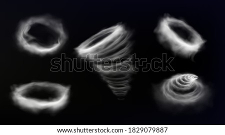 Smoke circle, wind storm vortex, smog cloud round frame, tornado swirl. Whirlwind spiral or heavy dust steam isolated on black background. Cigarette vapor ring realistic 3d vector illustration, set