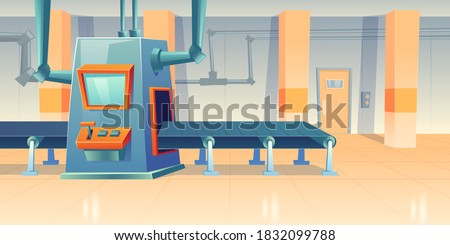 Conveyor belt and assembly machine at factory, plant or warehouse. Vector cartoon interior of workshop production line with automated machinery. Engineering equipment on manufactory