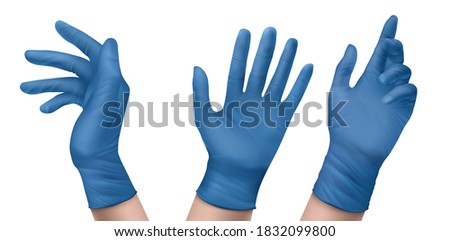 Blue nitrile medical gloves on hands. Vector realistic set of latex or rubber sterile gloves for doctor, surgeon or nurse. Hospital and laboratory equipment for protection against virus and infection